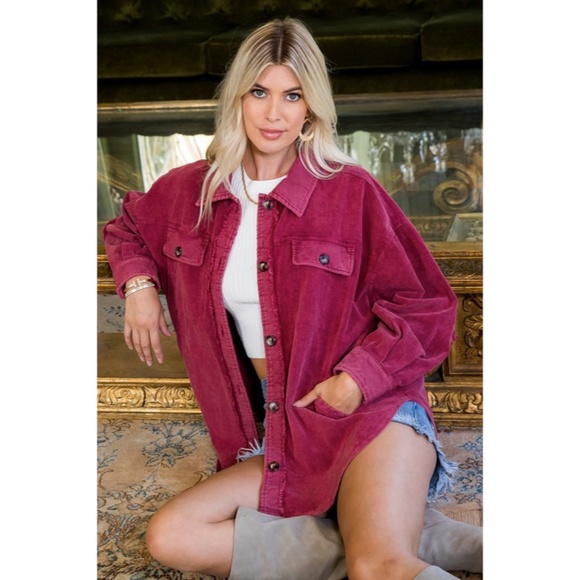 Jackets & Blazers - SOLD OUT Burgundy Corduroy Washed Shacket Oversized Relaxed Casual Shirt Jacket